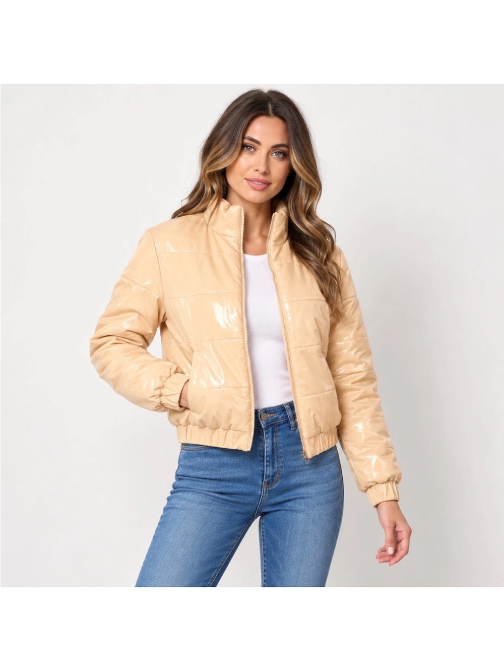 Beige Shiny Quilted Puffer Jacket - Women's